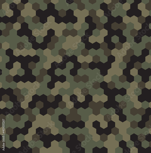 Hexagon Forest Camouflage seamless patterns. Leaf cyber camo. Vector Illustration.