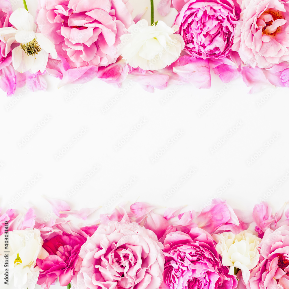 Floral frame of pink roses, peonies and anemones on white background. Flat lay Floral frame of pink roses, peonies and anemones on white background. Flat lay