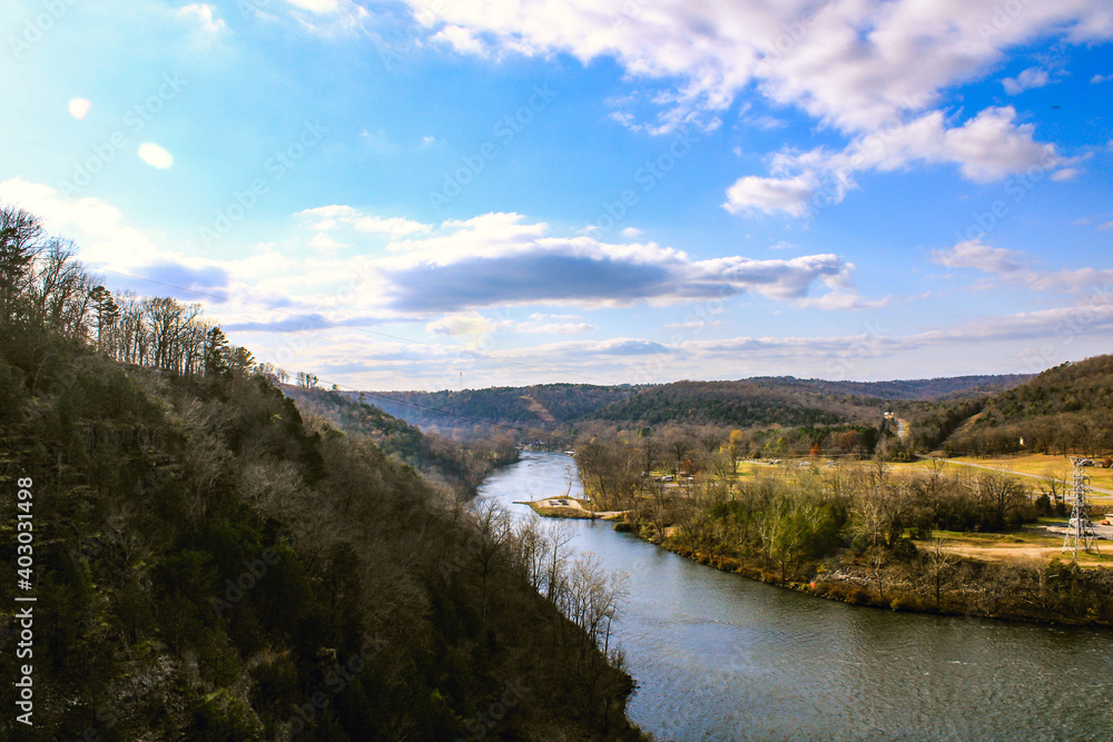 Overlooking the Norfork River from the top corner of the Norfork Dam in Norfork, Arkansas 