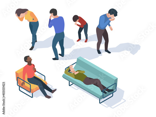 Sick flu characters. Isometric people medication cold water medicine concept garish vector illustrations. Human symptom epidemic, corona outbreak, illness and disease