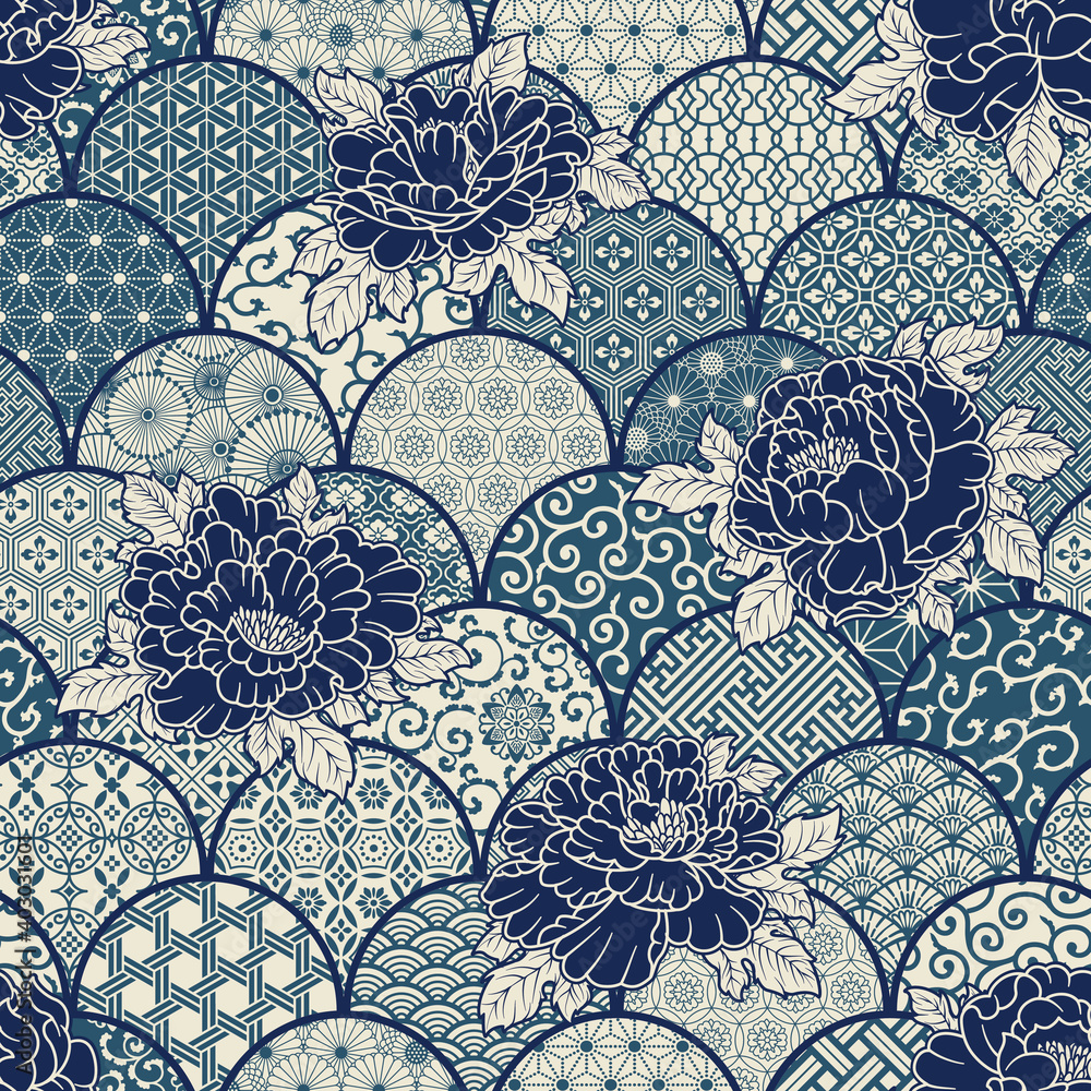 Peony flowers with traditional Japanese fabric motifs patchwork background vector seamless pattern