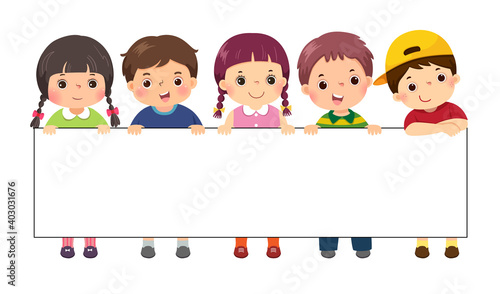 Vector illustration cartoon of kids standing behind blank sign banner. Template for advertising.
