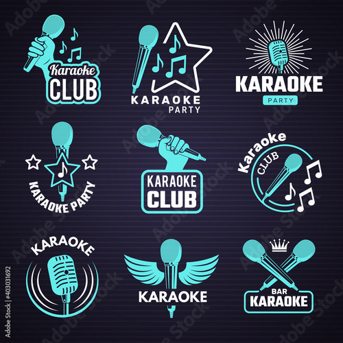Karaoke badges. Emblem for music studio microphone radio vinyl symbols recent vector logos. Karaoke microphone badge, entertainment logo illustration