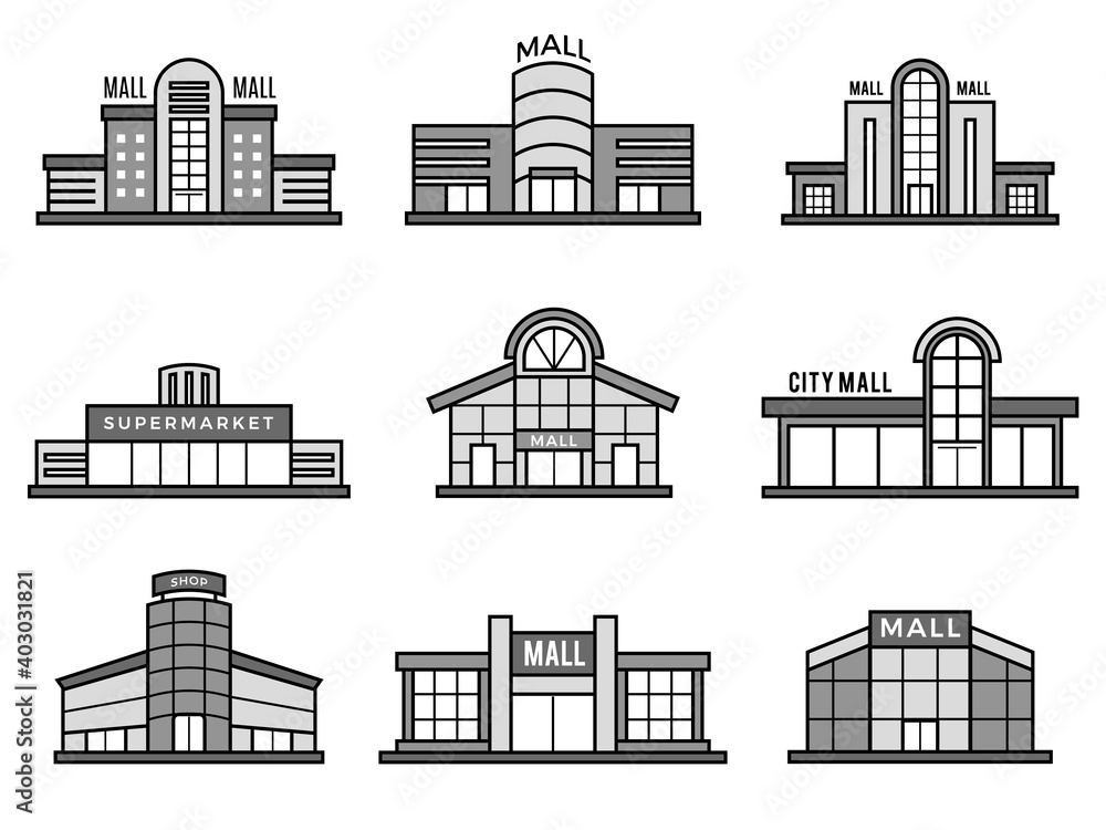 Retail stores symbols. Supermarket icons shopping mall facade building exterior structure monochrome recent vector pictures. Facade retail, supermarket and store, shop architecture illustration