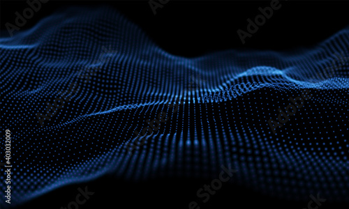 Wave of blue particles. Abstract technology flow background. Sound mesh pattern or grid landscape. Digital data structure consist dot elements. Future vector illustration.