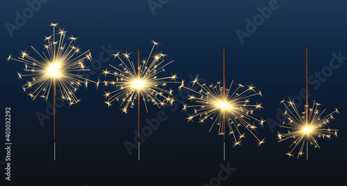 Bengal lights. Celebration birthday glow elements fire sparkler decent vector realistic illustrations. Storyboard sparkler to holiday, night glow