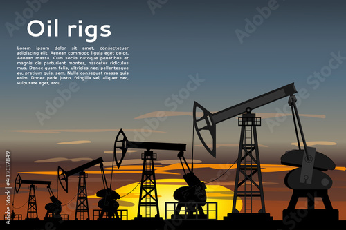 Silhouette of the pump jack against the background of sunset or dawn. Concept of the oil industry. Vector illustration. flat style