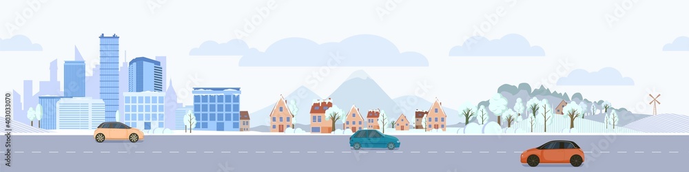 Urban winter landscape with freeway. Snow covered blue skyscrapers with private houses and park and passing vector cars.
