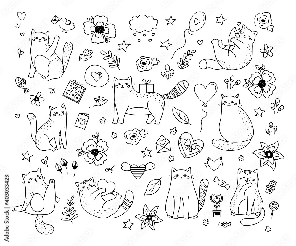 Fototapeta Hand drawn doodle cats with hearts, sweets and flowers. Saint Valentine day set. Outline vector illustration. Coloring page. Funny pets.