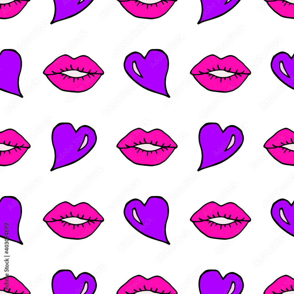 Bright seamless pattern with the image of hearts and lips on a white background. Bright seamless pattern with the image of hearts and lips on a white background.