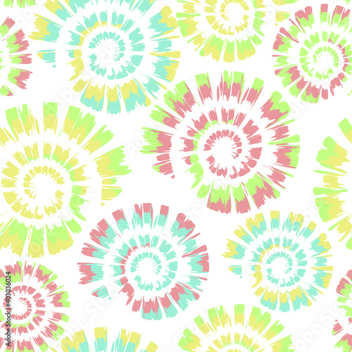 Seamless vector pattern with tie dye spiral on white background. Rainbow seashell wallpaper design. Pastel coloured swirl fashion textile.
