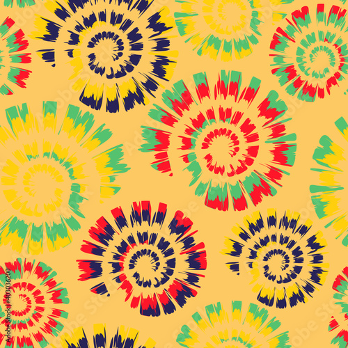 Seamless vector pattern with happy tie dye spiral on light pink background. Artistic summer swirl wallpaper design. Calm relax fashion textile boho style.