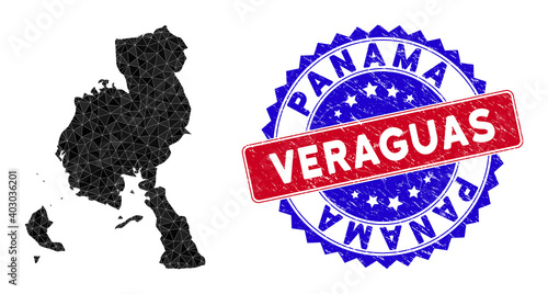 Veraguas Province map polygonal mesh with filled triangles, and rubber bicolor stamp seal. Triangle mosaic Veraguas Province map with mesh vector model, triangles have randomized sizes, and positions, photo