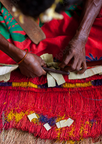 Woman making a traditional skirt with pandanus and banana leaves, Milne Bay Province, Trobriand Island, Papua New Guinea photo