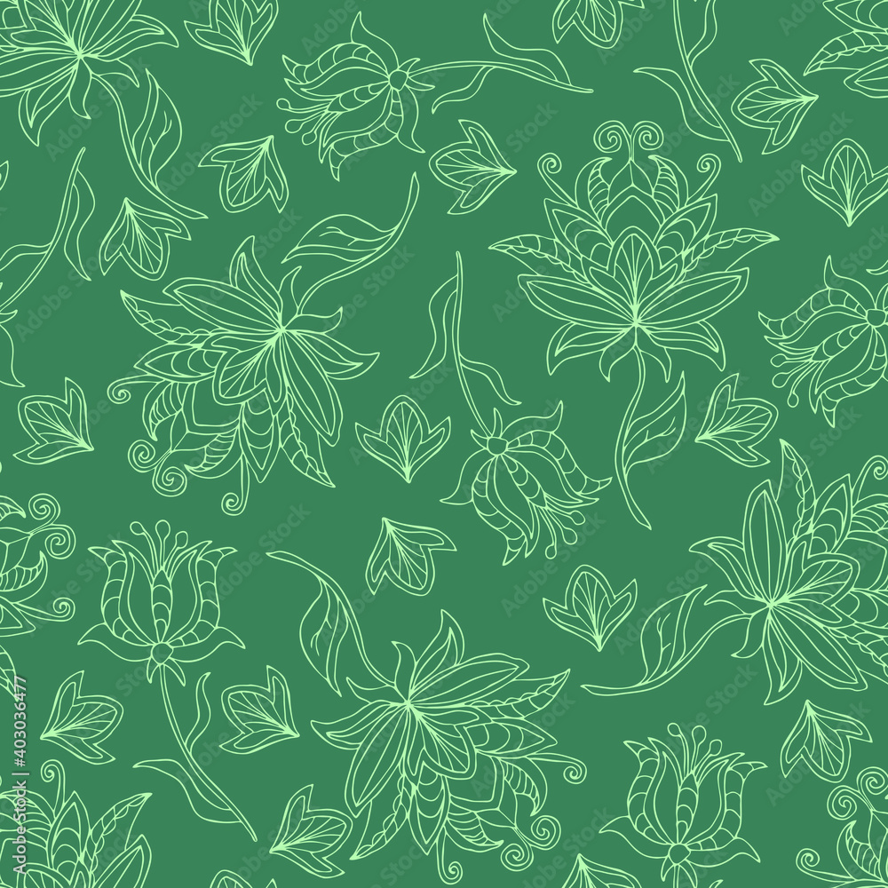 Fototapeta premium Seamless vector pattern with out line flowers on teal blue background. Simple floral wallpaper texture. Tropical fashion textile design.
