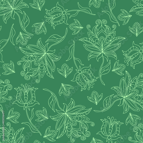 Seamless vector pattern with out line flowers on teal blue background. Simple floral wallpaper texture. Tropical fashion textile design.