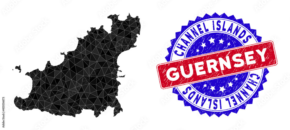 Obraz premium Guernsey Island map polygonal mesh with filled triangles, and distress bicolor seal. Triangle mosaic Guernsey Island map with mesh vector model, triangles have randomized sizes, and positions,