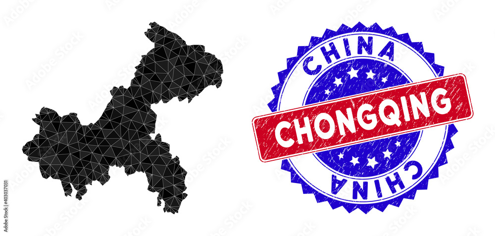 Chongqing City map polygonal mesh with filled triangles, and grunge bicolor stamp seal. Triangle mosaic Chongqing City map with mesh vector model, triangles have variable sizes, and positions, Chongqing City map polygonal mesh with filled triangles, and grunge bicolor stamp seal. Triangle mosaic Chongqing City map with mesh vector model, triangles have variable sizes, and positions,