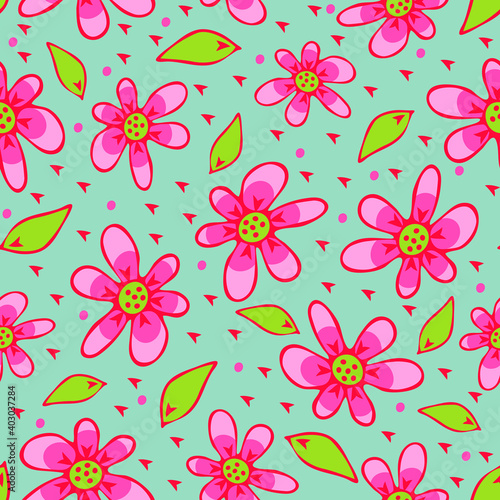 Seamless vector pattern with pink flowers on blue background. Cute floral wallpaper design. Hand drown summer garden fashion textile.