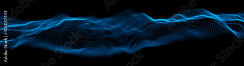 Abstract technology background. Digital blue particle wave. Sound structure visualization. Flow dot landscape.