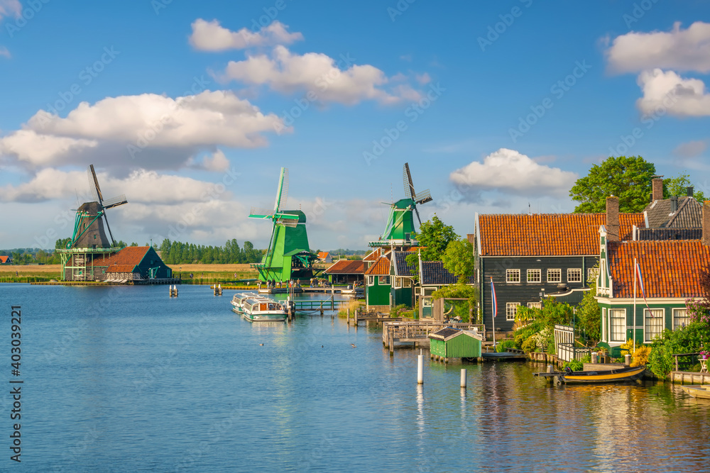 Traditional old village with dutch windmills in Amsterdam, Netherlands
