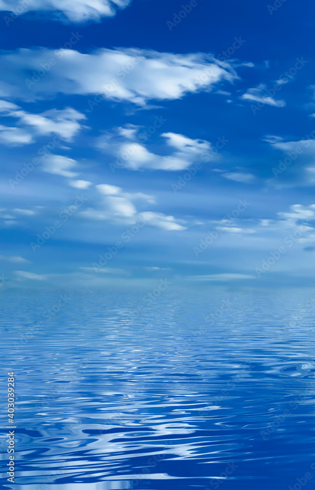 Blue sky with clouds, horizon, sunlight reflected in water, clouds, waves. Empty sea landscape, natural empty scene. 3D illustration