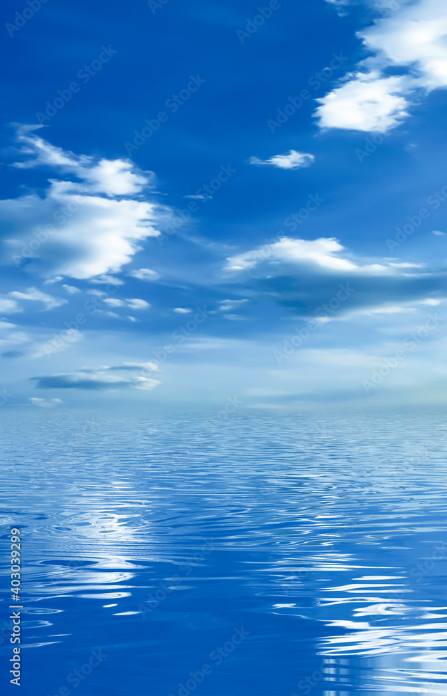 Fototapeta premium Blue sky with clouds, horizon, sunlight reflected in water, clouds, waves. Empty sea landscape, natural empty scene. 3D illustration