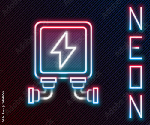 Glowing neon line Electric transformer icon isolated on black background. Colorful outline concept. Vector Illustration.