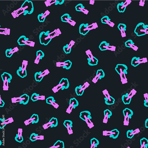 Line Genetically modified apple icon isolated seamless pattern on black background. GMO fruit. Syringe being injected to apple. Vector.
