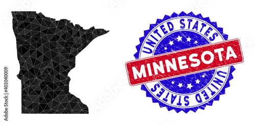 Minnesota State map polygonal mesh with filled triangles, and unclean bicolor seal. Triangle mosaic Minnesota State map with mesh vector model, triangles have variable sizes, and positions,