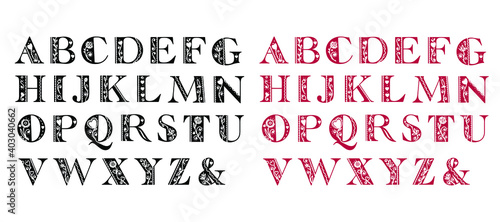 Beautiful abstract folk alphabet in black and red versions