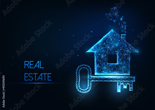 Futuristic real estate agency concept with glowing low polygonal house and door key on dark blue
