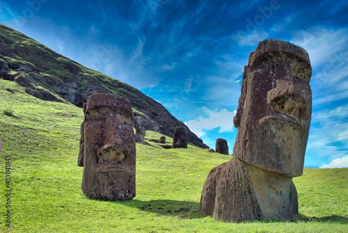 Moais, typical statues from Easter Island, monolithic human figures. photo