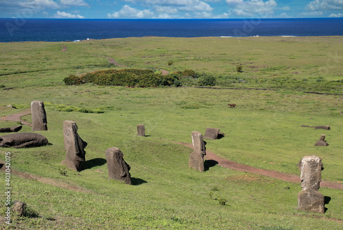 Moais, typical statues from Easter Island, monolithic human figures. photo