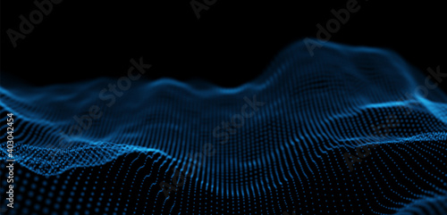 Dynamic blue dot landscape. Abstract digital wave background. Network data structure. Point grid visualization. Technology vector illustration. © fantasyform