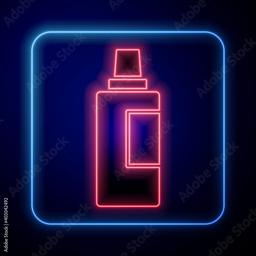 Glowing neon Plastic bottle for laundry detergent, bleach, dishwashing liquid or another cleaning agent icon isolated on blue background. Vector.