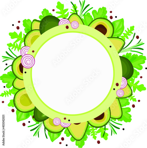 Round white-green label, sticker, frame with avocado, onions, various herbs, spices.