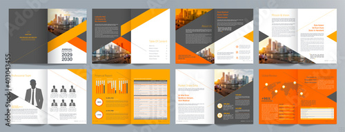 Corporate business presentation guide brochure template, Annual report, 16 page minimalist flat geometric business brochure design template, A4 size.