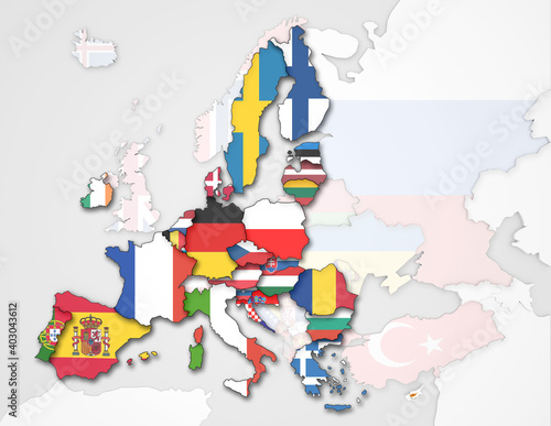 3D Karte von Europa mit Flaggen Staaten, EU Staaten stärker dargestellt