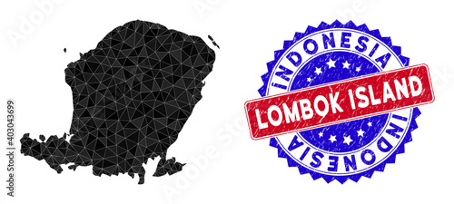 Lombok Island map polygonal mesh with filled triangles, and rough bicolor stamp seal. Triangle mosaic Lombok Island map with triangular vector model, triangles have various sizes, and positions,