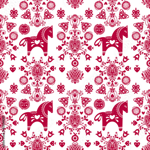 Abstract folk seamless pattern with decorative elements, flowers, horses and hearts