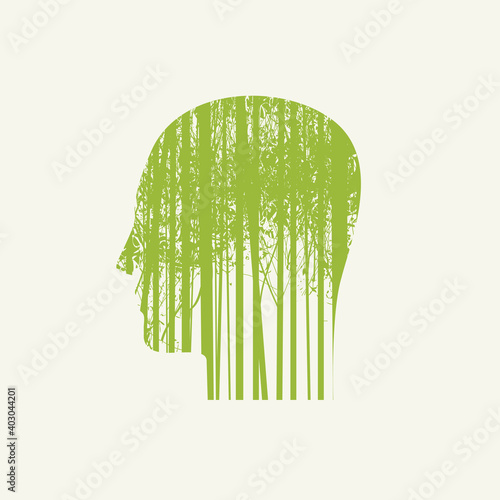 Creative illustration on the theme of environmental protection. Vector poster in the form of human head in profile with green silhouettes of young trees. Eco Poster Concept