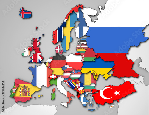 3D Karte von Europa mit Flaggen Staaten (graue Gewässer)