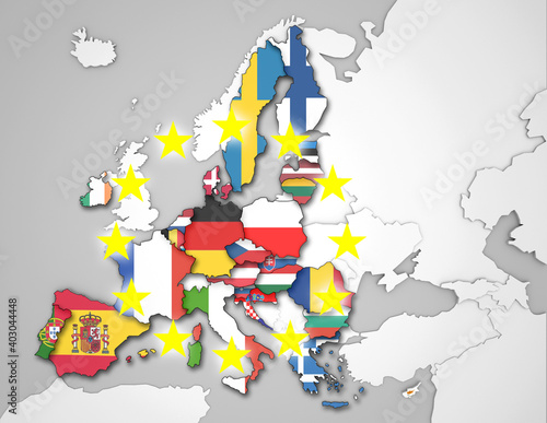 3D Karte von Europa mit Flaggen der EU Staaten und glänzenden EU Sternen (graue Gewässer)