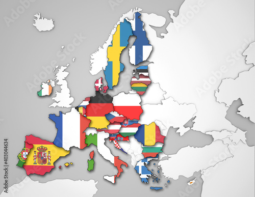 3D Karte von Europa mit Flaggen der EU Staaten (graue Gewässer)
