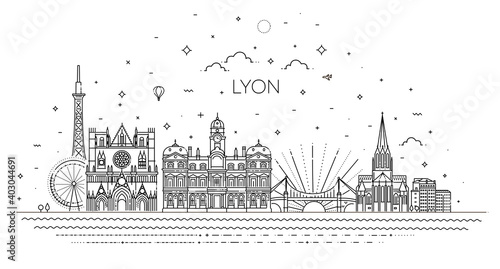 Lyon skyline with panorama in white background