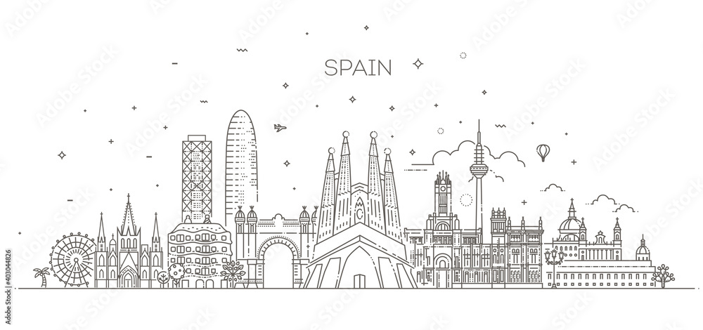 Spain cityscape, spanish travel city banner. Urban silhouette