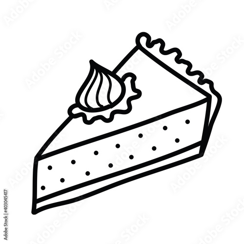 Piece of pie freehand vector illustration, black outline on white. Simple doodle hand drawn a triangular piece of cream pie