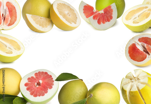 Fototapeta Naklejka Na Ścianę i Meble -  Frame of fresh exotic pomelo fruits on white background, space for text