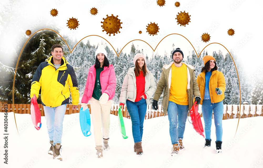 Naklejka premium Stronger immunity - better disease resistance. Group of friends surrounded by viruses outdoors